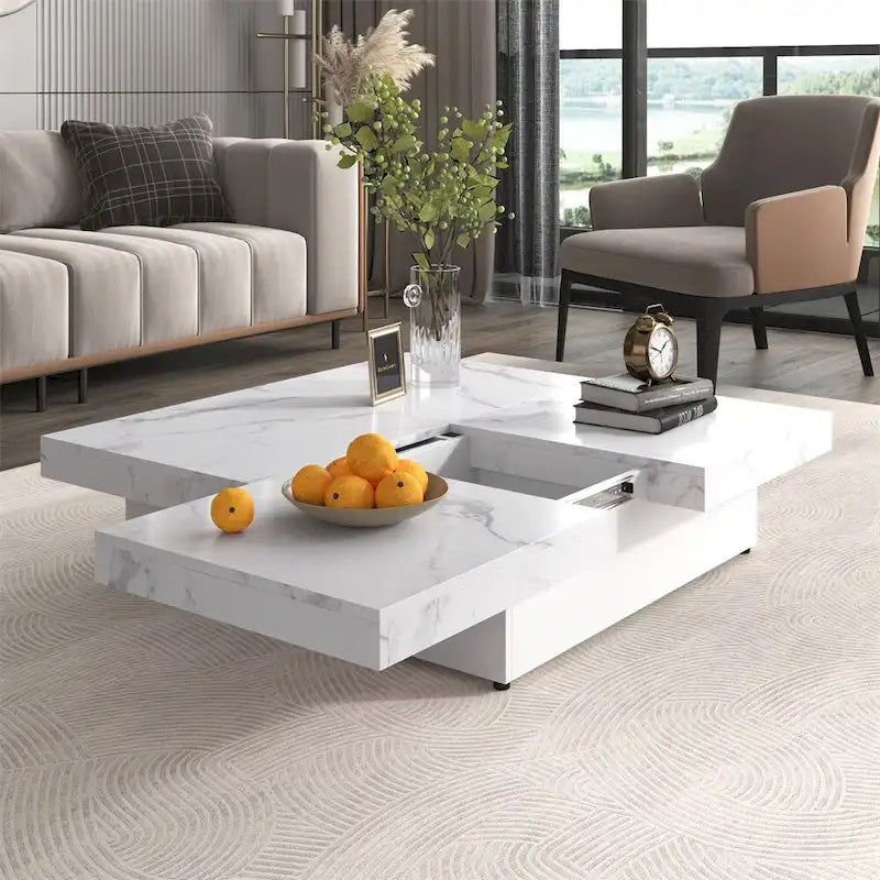Square Coffee Table with Sliding Top - Marble Veneer Surface, Storage Compartment, MDF Construction, Modern Design
