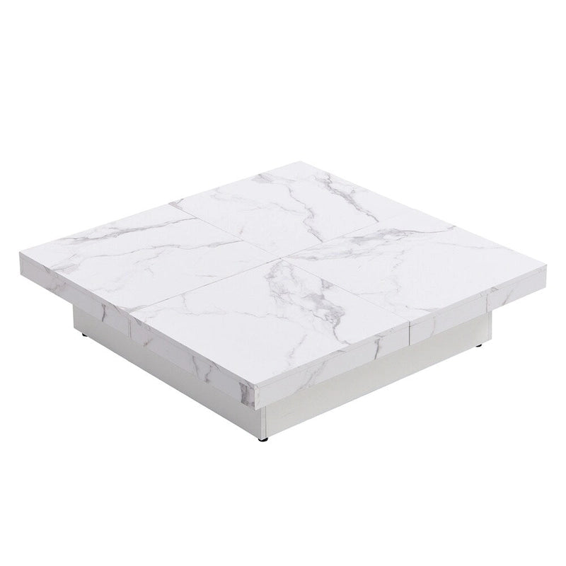 Square Coffee Table with Sliding Top - Marble Veneer Surface, Storage Compartment, MDF Construction, Modern Design