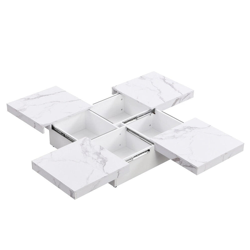 Square Coffee Table with Sliding Top - Marble Veneer Surface, Storage Compartment, MDF Construction, Modern Design