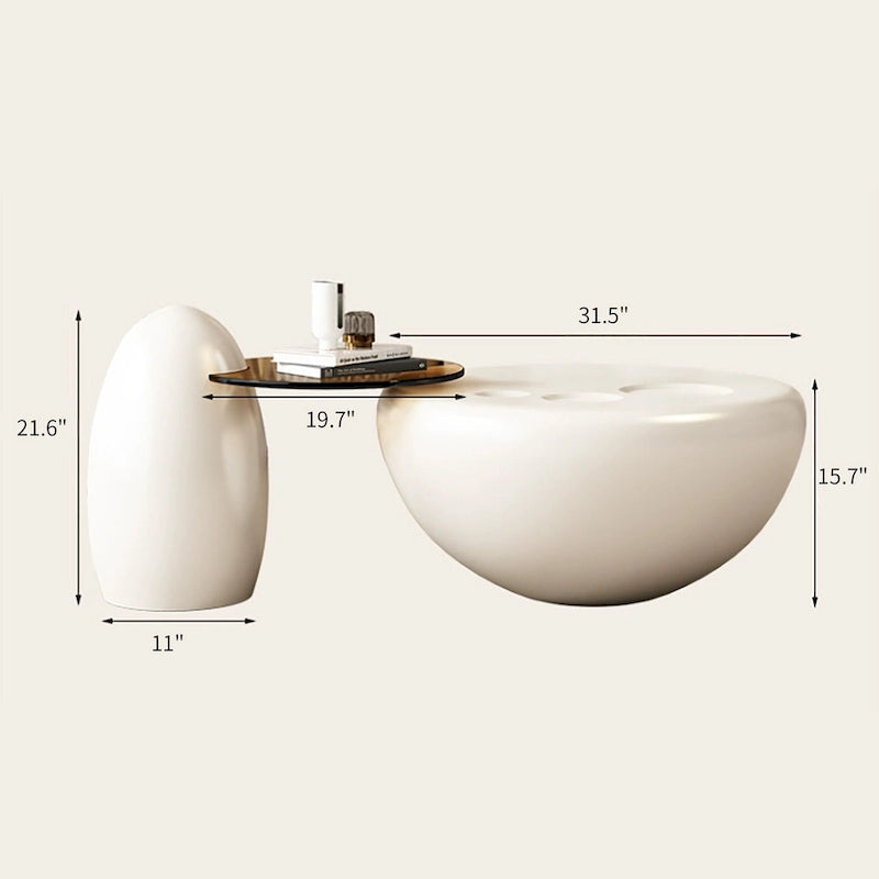 42" Nesting Coffee Table Set - 2 Pieces, Round, Cream White, Tempered Glass Top, Cat Paw Design, Modern Style