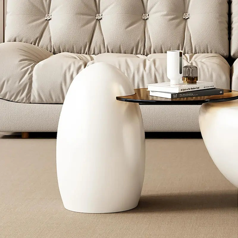 42" Nesting Coffee Table Set - 2 Pieces, Round, Cream White, Tempered Glass Top, Cat Paw Design, Modern Style