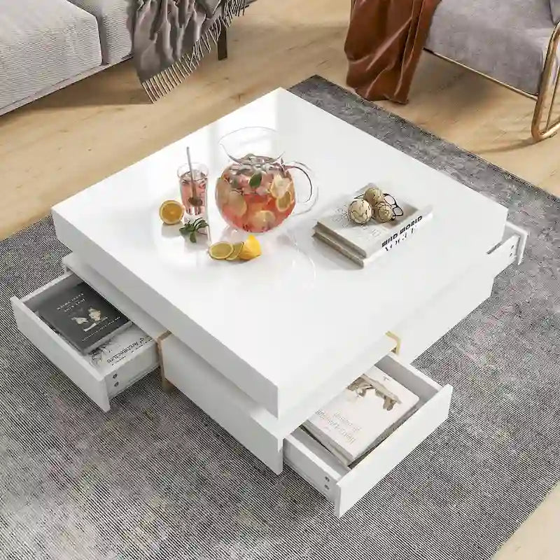 31.5" High Gloss Coffee Table with 4 Drawers - Particle Board, UV Veneer, 180lbs Capacity, Black/White Options