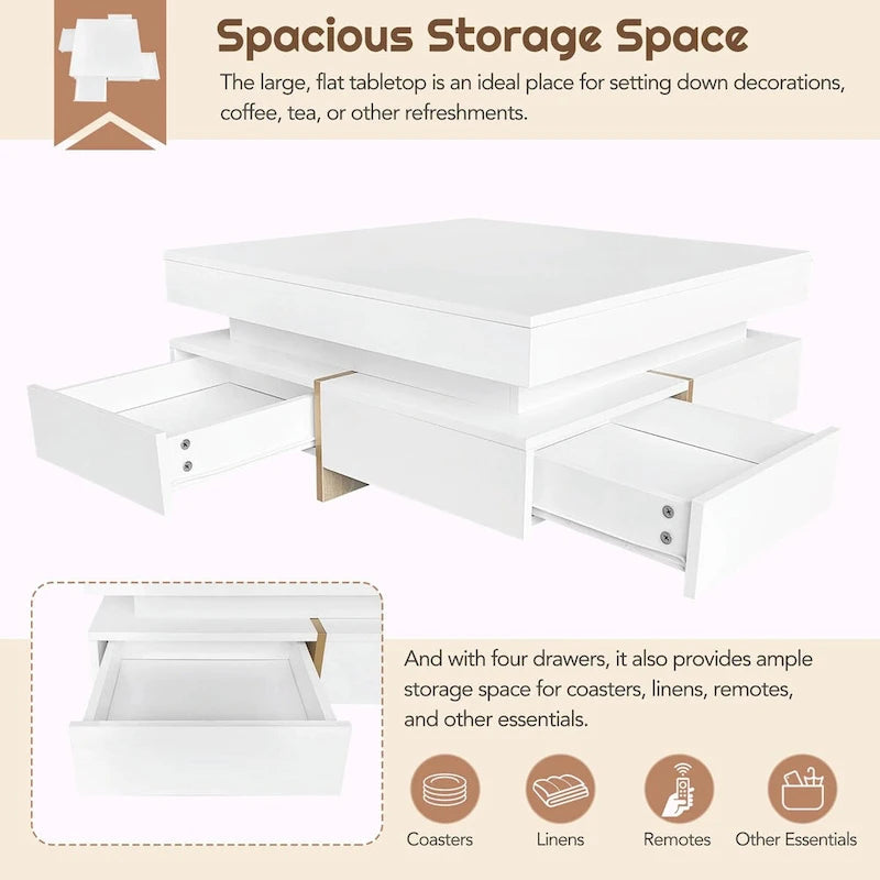 31.5" High Gloss Coffee Table with 4 Drawers - Particle Board, UV Veneer, 180lbs Capacity, Black/White Options
