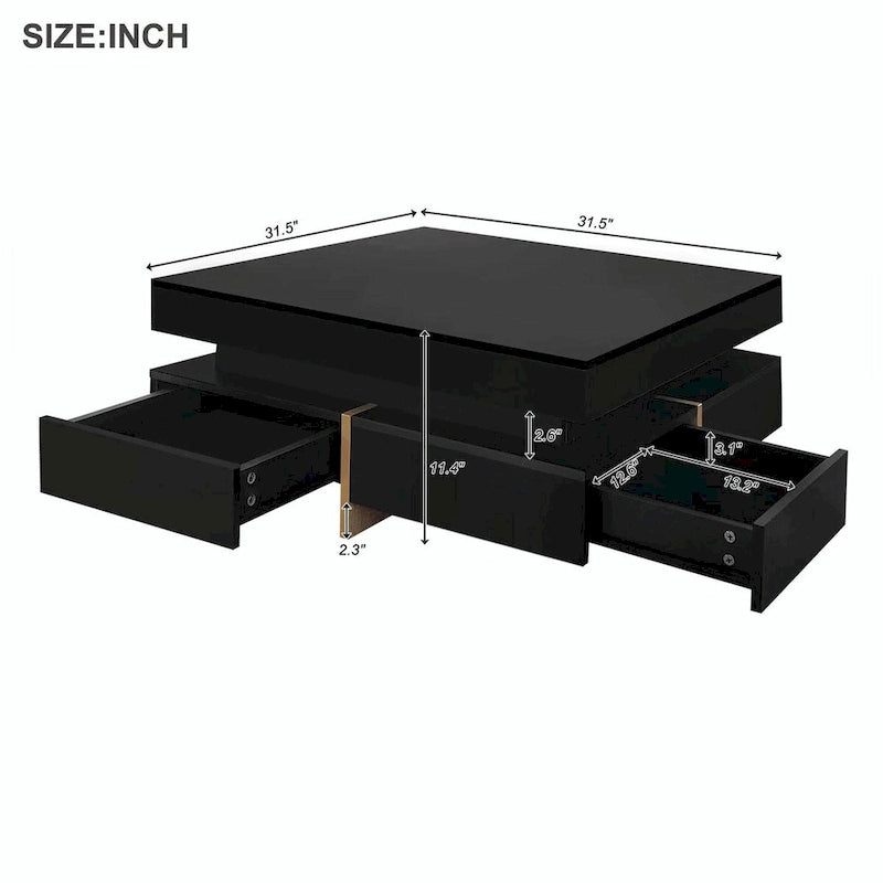 31.5" High Gloss Coffee Table with 4 Drawers - Particle Board, UV Veneer, 180lbs Capacity, Black/White Options