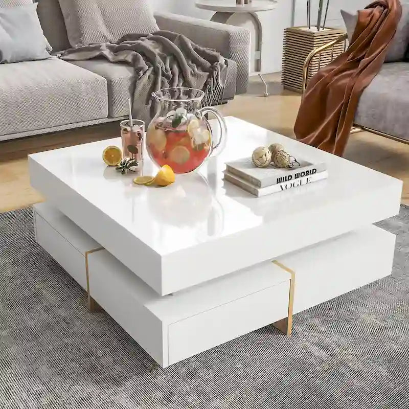 31.5" High Gloss Coffee Table with 4 Drawers - Particle Board, 180lbs Capacity, 2-Tier, Modern Style