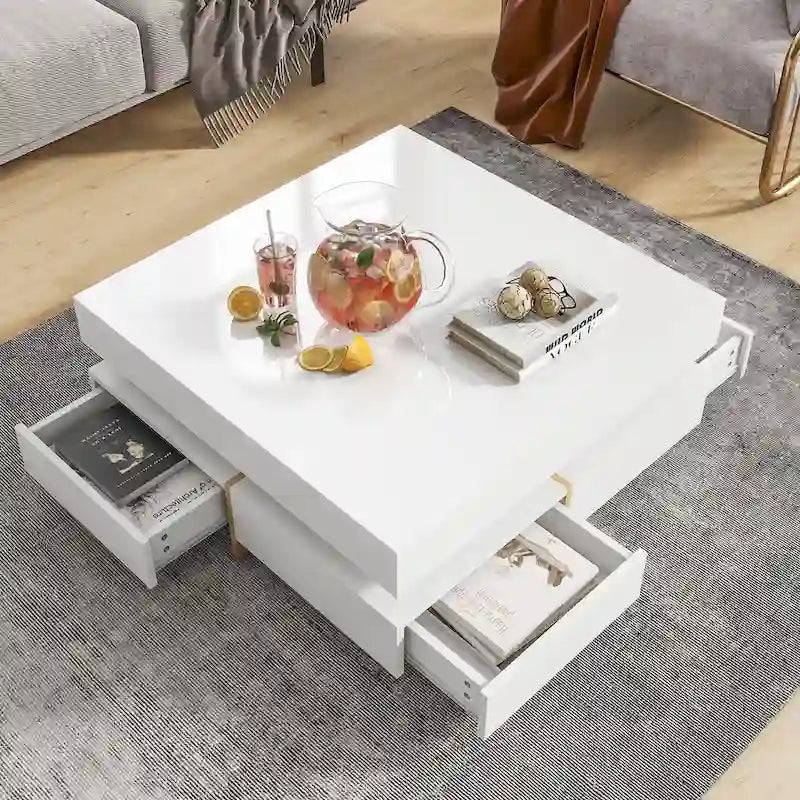 31.5" High Gloss Coffee Table with 4 Drawers - Particle Board, 180lbs Capacity, 2-Tier, Modern Style