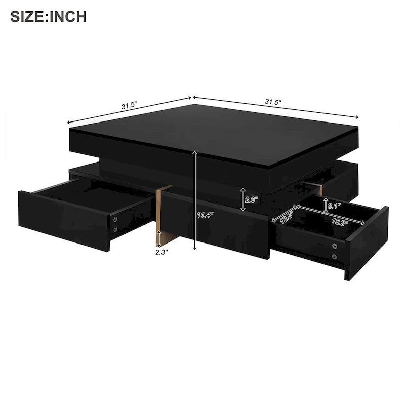 31.5" High Gloss Coffee Table with 4 Drawers - Particle Board, 180lbs Capacity, 2-Tier, Modern Style