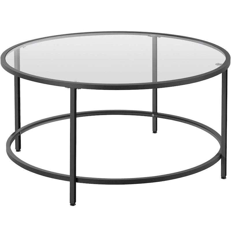 36" Round Glass Top Coffee Table - Tempered Glass, Iron Frame, Storage Shelf, 99lb Capacity, 2 Color Options