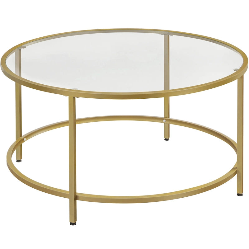 36" Round Glass Top Coffee Table - Tempered Glass, Iron Frame, Storage Shelf, 99lb Capacity, 2 Color Options