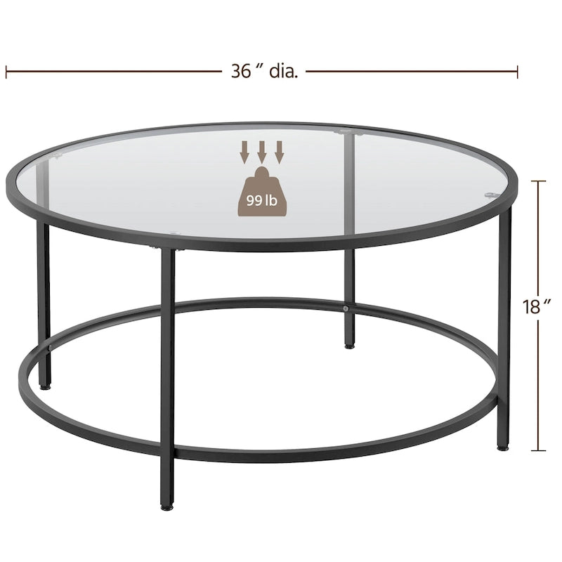 36" Round Glass Top Coffee Table - Tempered Glass, Iron Frame, Storage Shelf, 99lb Capacity, 2 Color Options