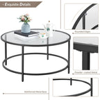 36" Round Glass Top Coffee Table - Tempered Glass, Iron Frame, Storage Shelf, 99lb Capacity, 2 Color Options