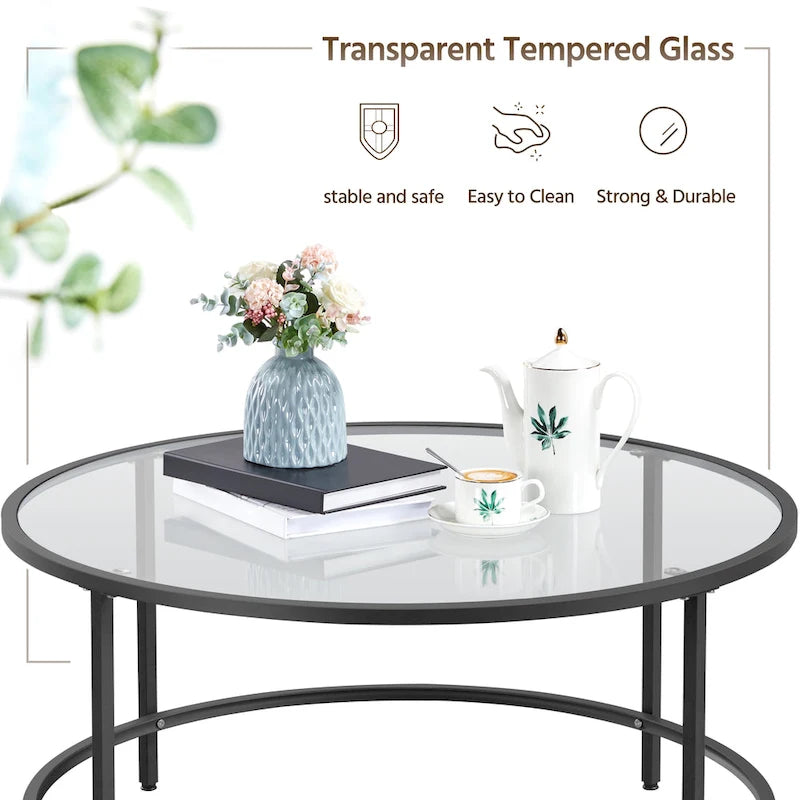 36" Round Glass Top Coffee Table - Tempered Glass, Iron Frame, Storage Shelf, 99lb Capacity, 2 Color Options