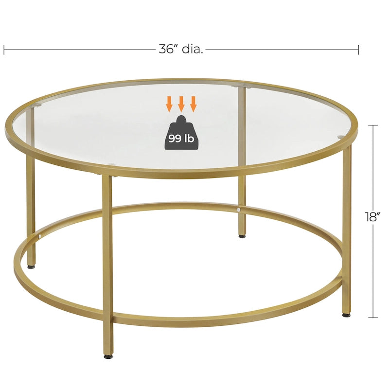 36" Round Glass Top Coffee Table - Tempered Glass, Iron Frame, Storage Shelf, 99lb Capacity, 2 Color Options