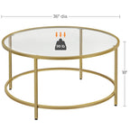 36" Round Glass Top Coffee Table - Tempered Glass, Iron Frame, Storage Shelf, 99lb Capacity, 2 Color Options