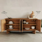 63" Oak Sideboard Cabinet - USA Oak Veneers, Adjustable Shelves, Cable Management, Japandi Style, Whisky Tone