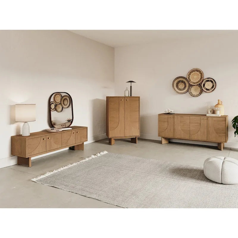 63" Oak Sideboard Cabinet - USA Oak Veneers, Adjustable Shelves, Cable Management, Japandi Style, Whisky Tone