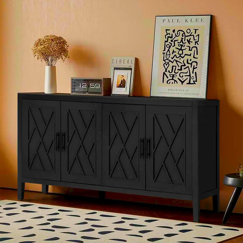 59.8" 4-Door Storage Cabinet Sideboard - MDF, Adjustable Shelf, Black Finish, American Style, Dining/Hallway