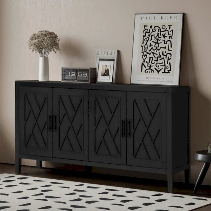 59.8" 4-Door Storage Cabinet Sideboard - MDF, Adjustable Shelf, Black Finish, American Style, Dining/Hallway