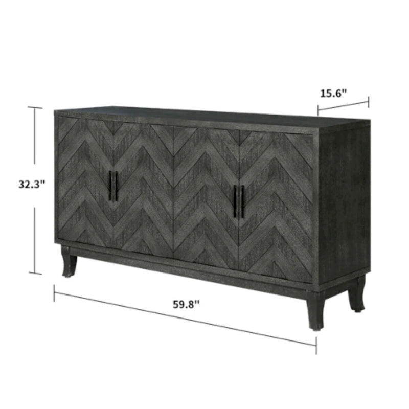 59.8" 4-Door Storage Cabinet Sideboard - MDF, Adjustable Shelf, Black Finish, American Style, Dining/Hallway