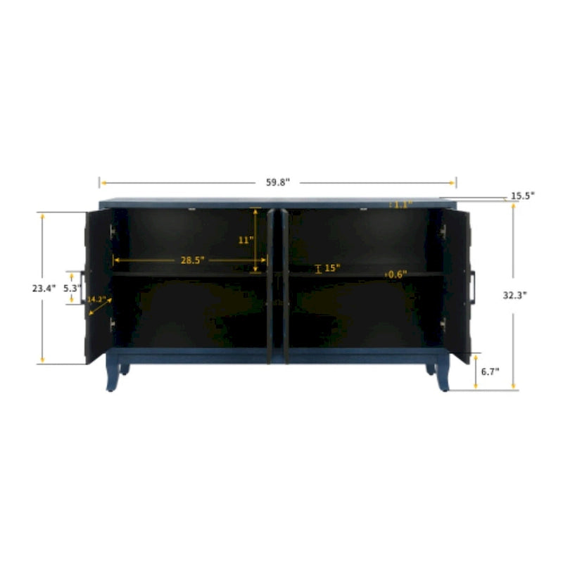 59.8" 4-Door Storage Cabinet Sideboard - MDF, Adjustable Shelf, Black Finish, American Style, Dining/Hallway