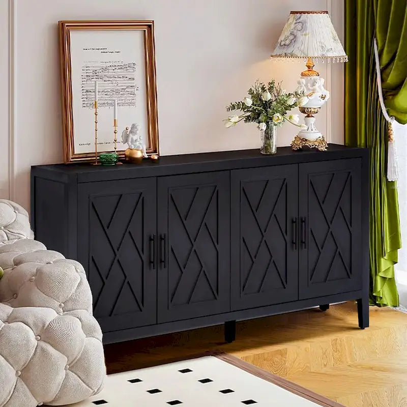 59.8" 4-Door Storage Cabinet Sideboard - MDF, Adjustable Shelf, Black Finish, American Style, Dining/Hallway