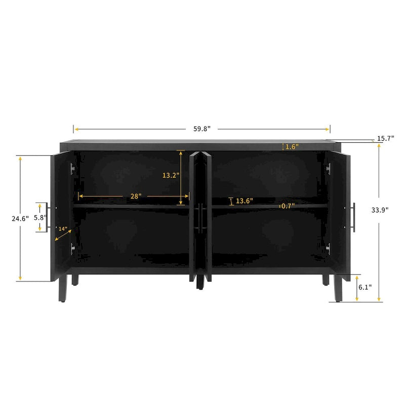 59.8" 4-Door Storage Cabinet Sideboard - MDF, Adjustable Shelf, Black Finish, American Style, Dining/Hallway