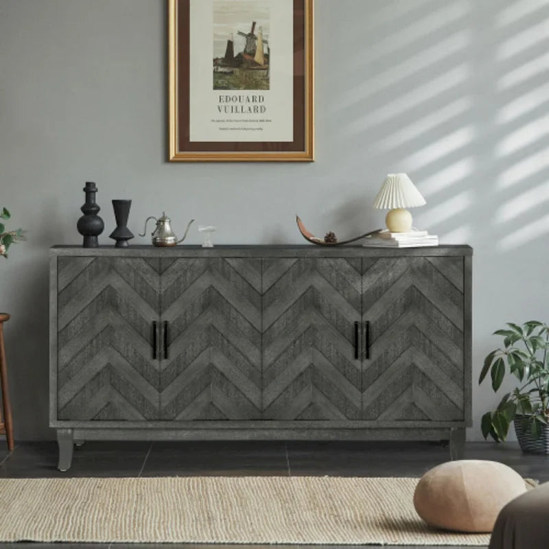 59.8" 4-Door Storage Cabinet Sideboard - MDF, Adjustable Shelf, Black Finish, American Style, Dining/Hallway