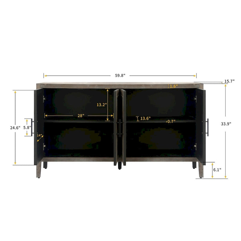 59.8" 4-Door Storage Cabinet Sideboard - MDF, Adjustable Shelf, Black Finish, American Style, Dining/Hallway