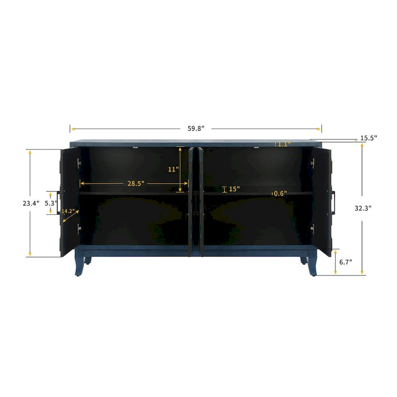 59.8" 4-Door Storage Cabinet Sideboard - MDF, Adjustable Shelf, Black Finish, American Style, Dining/Hallway