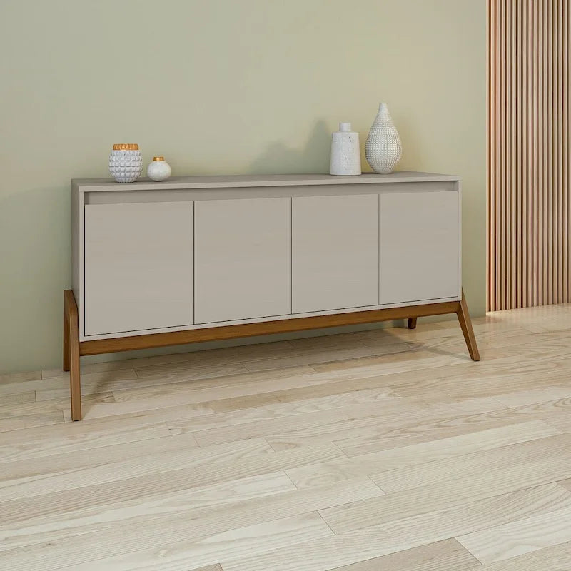 63" Sideboard Buffet with 4 Doors - Soft-Close, Eucalyptus Wood Feet, 4 Shelves, Mid-Century Modern, Macadamia Finish