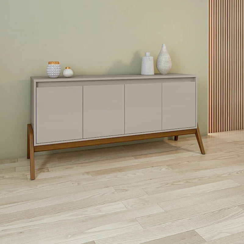 63" Sideboard Buffet with 4 Doors - Soft-Close, Eucalyptus Wood Feet, 4 Shelves, Mid-Century Modern, Macadamia Finish