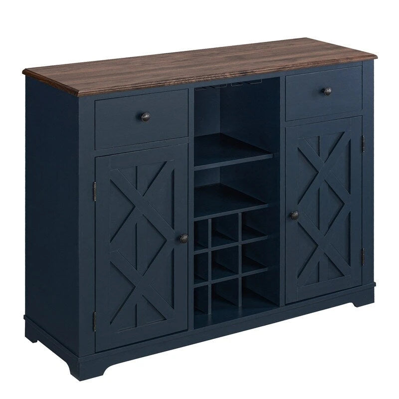 47" Wine Bar Cabinet - Holds 9 Bottles, Stemware Racks, 2 Drawers, 2 Doors, Modern Contemporary Style