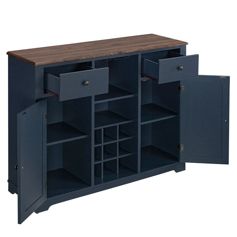 47" Wine Bar Cabinet - Holds 9 Bottles, Stemware Racks, 2 Drawers, 2 Doors, Modern Contemporary Style