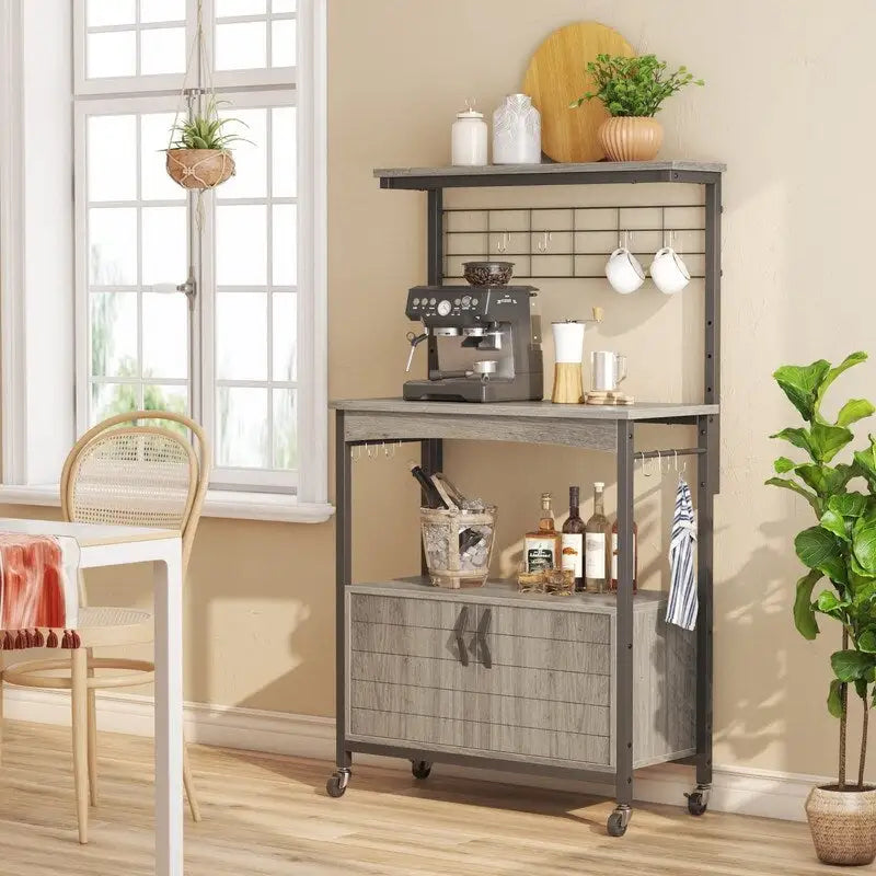 31.5" Rolling Baker's Rack - Adjustable Height, 3 Tier Shelves, Cabinet, Wheels/Feet, Industrial Style