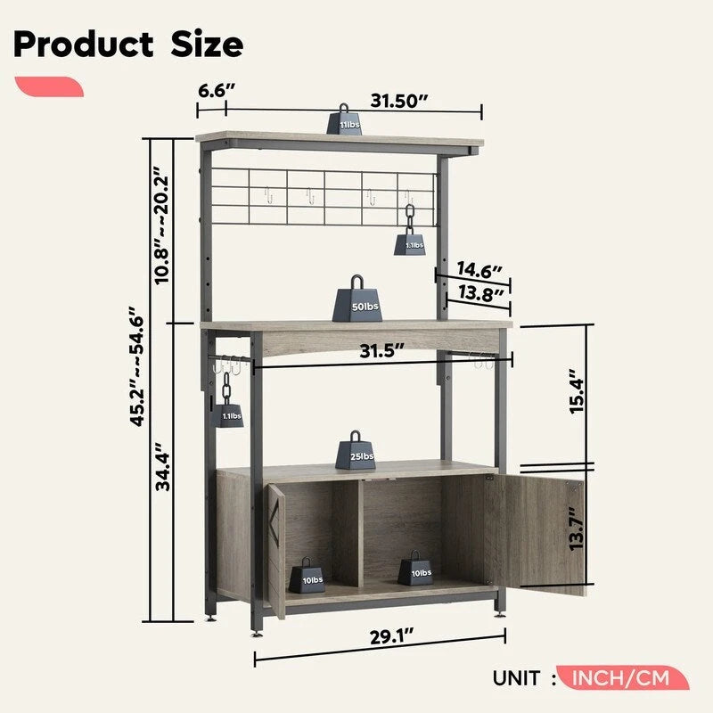 31.5" Rolling Baker's Rack - Adjustable Height, 3 Tier Shelves, Cabinet, Wheels/Feet, Industrial Style