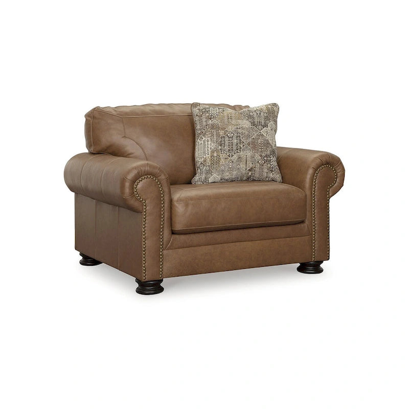 Caramel Oversized Accent Chair with Nailhead Trim - Genuine Leather, Roll Arms, 54W x 40D x 40H - Transitional Living Room Furniture