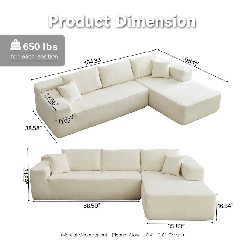 105.5" Velvet Sectional Chaise Sofa - 2-Piece Modular with Pocket Springs - High-Density Foam Upholstered Couch with Pillows