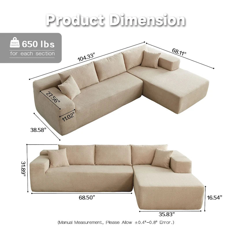 105.5" Velvet Sectional Chaise Sofa - 2-Piece Modular with Pocket Springs - High-Density Foam Upholstered Couch with Pillows