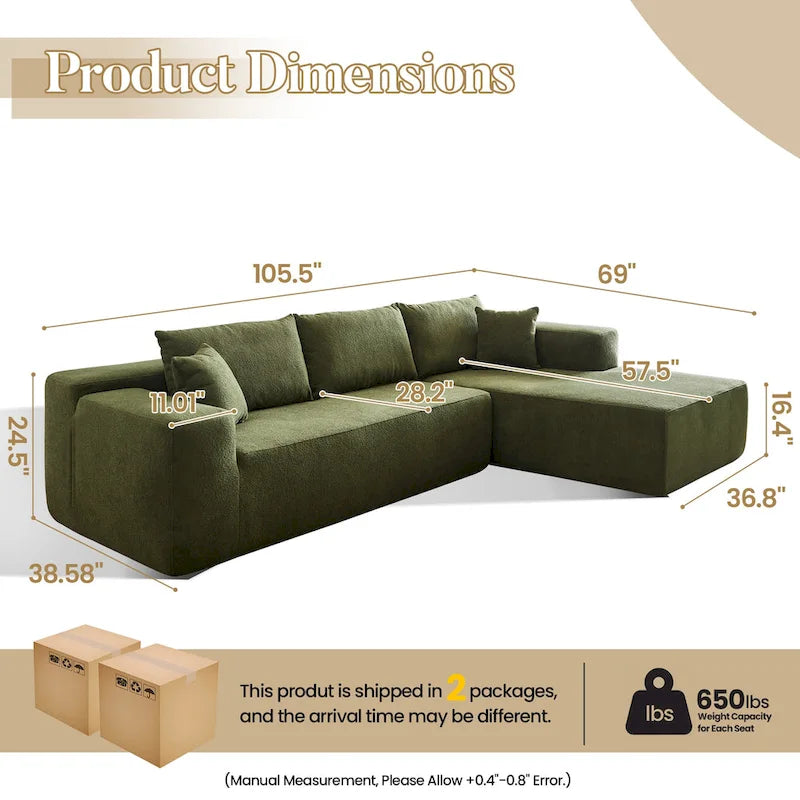 105.5" Velvet Sectional Chaise Sofa - 2-Piece Modular with Pocket Springs - High-Density Foam Upholstered Couch with Pillows