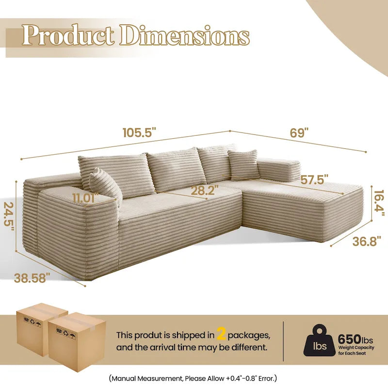 105.5" Velvet Sectional Chaise Sofa - 2-Piece Modular with Pocket Springs - High-Density Foam Upholstered Couch with Pillows