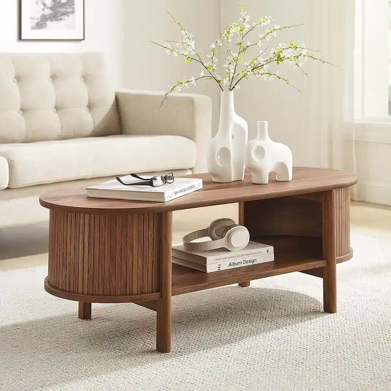 Oval Coffee Table with Fluted Details - Mid-Century Modern, Open Shelf, 169lbs Capacity, Wood Grain Laminate
