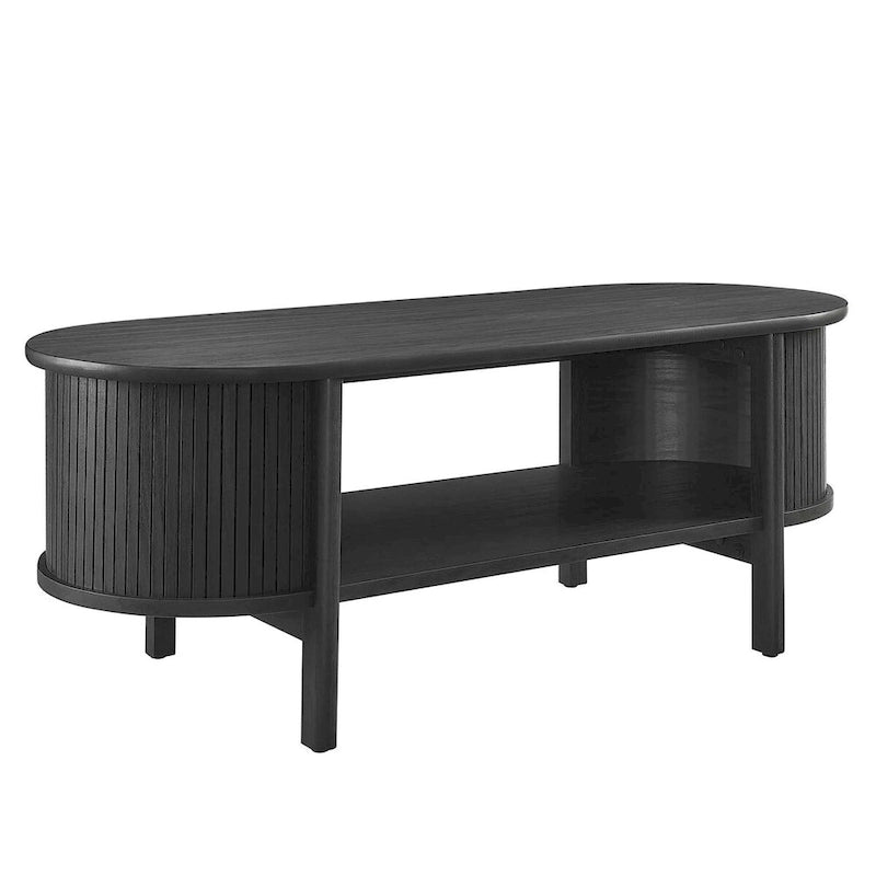 Oval Coffee Table with Fluted Details - Mid-Century Modern, Open Shelf, 169lbs Capacity, Wood Grain Laminate