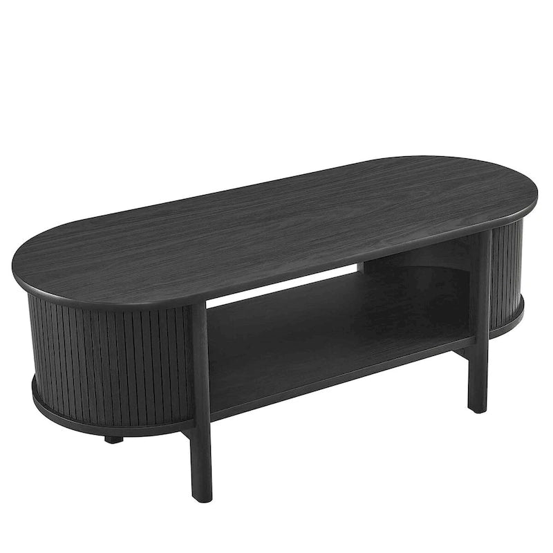 Oval Coffee Table with Fluted Details - Mid-Century Modern, Open Shelf, 169lbs Capacity, Wood Grain Laminate