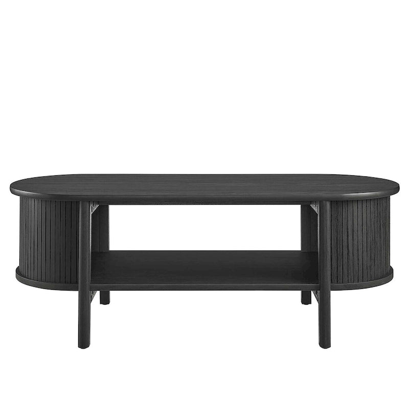 Oval Coffee Table with Fluted Details - Mid-Century Modern, Open Shelf, 169lbs Capacity, Wood Grain Laminate