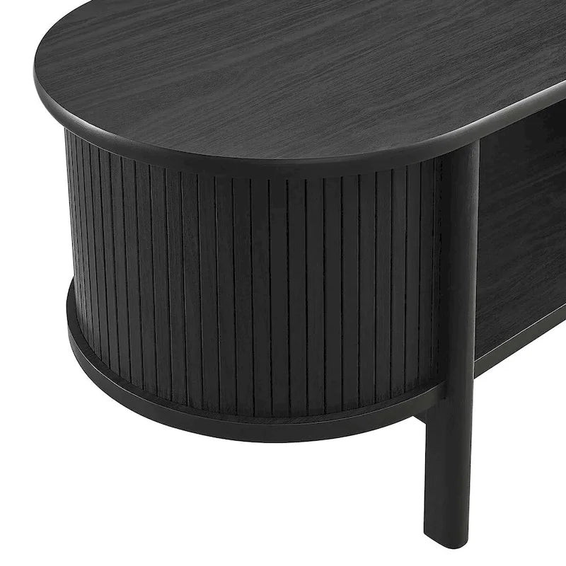 Oval Coffee Table with Fluted Details - Mid-Century Modern, Open Shelf, 169lbs Capacity, Wood Grain Laminate