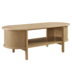 Oval Coffee Table with Fluted Details - Mid-Century Modern, Open Shelf, 169lbs Capacity, Wood Grain Laminate