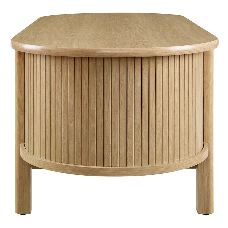 Oval Coffee Table with Fluted Details - Mid-Century Modern, Open Shelf, 169lbs Capacity, Wood Grain Laminate
