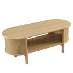 Oval Coffee Table with Fluted Details - Mid-Century Modern, Open Shelf, 169lbs Capacity, Wood Grain Laminate