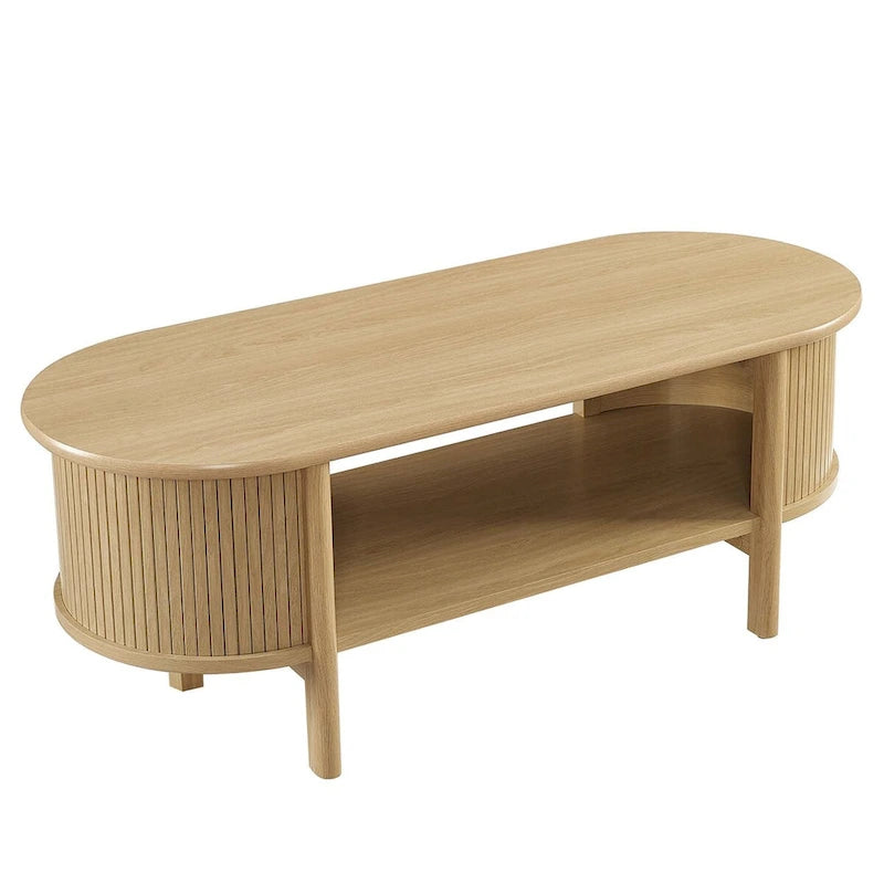Oval Coffee Table with Fluted Details - Mid-Century Modern, Open Shelf, 169lbs Capacity, Wood Grain Laminate