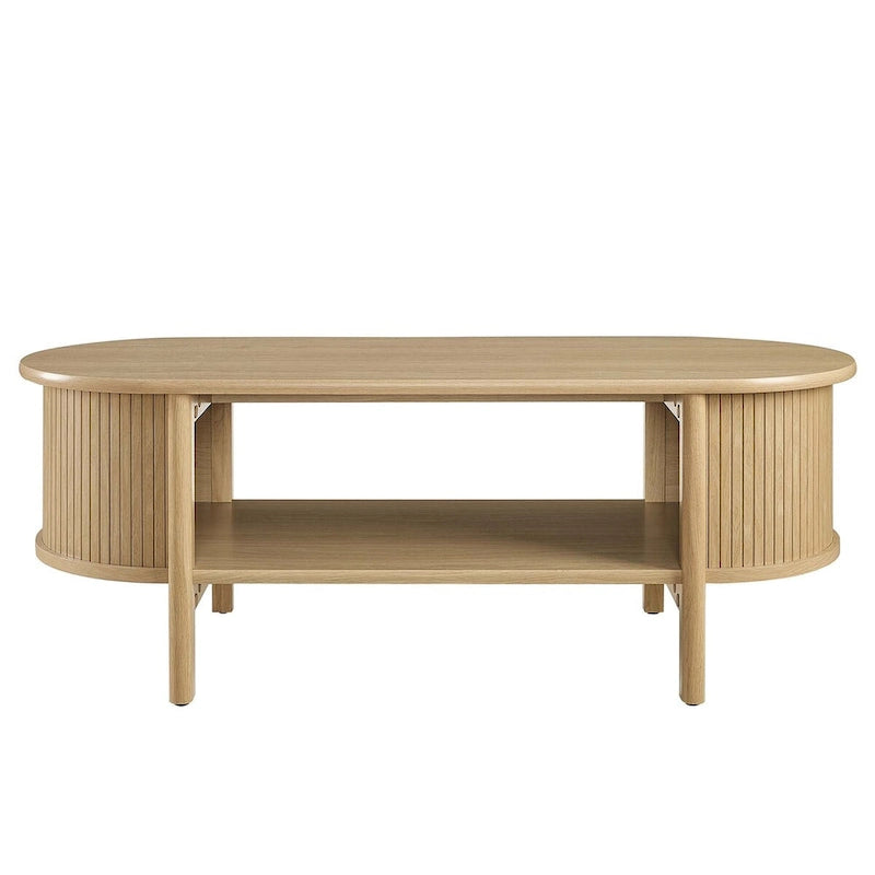 Oval Coffee Table with Fluted Details - Mid-Century Modern, Open Shelf, 169lbs Capacity, Wood Grain Laminate